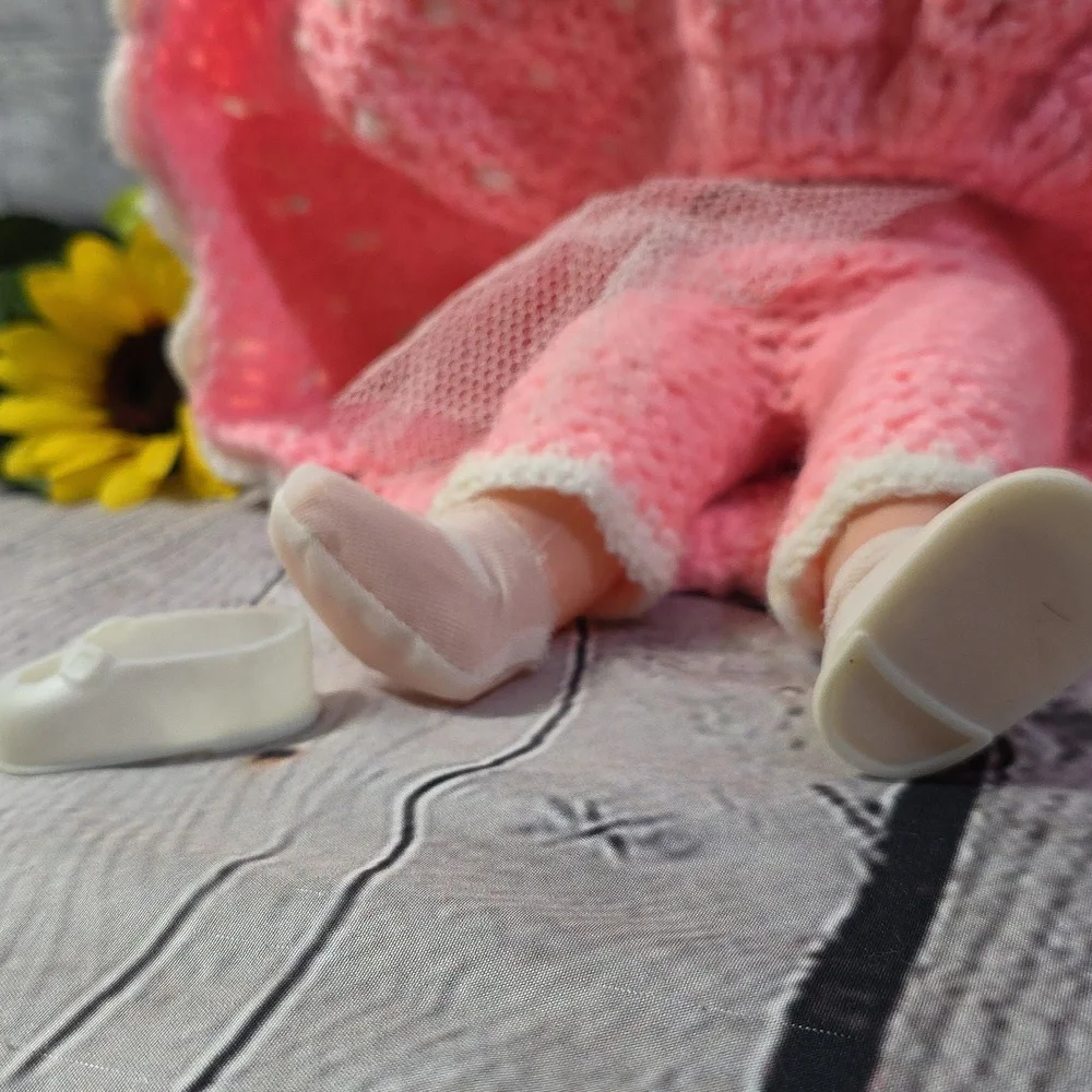 Vintage Angel Doll Brunette Crochet Dress and Accessories Pink White 14